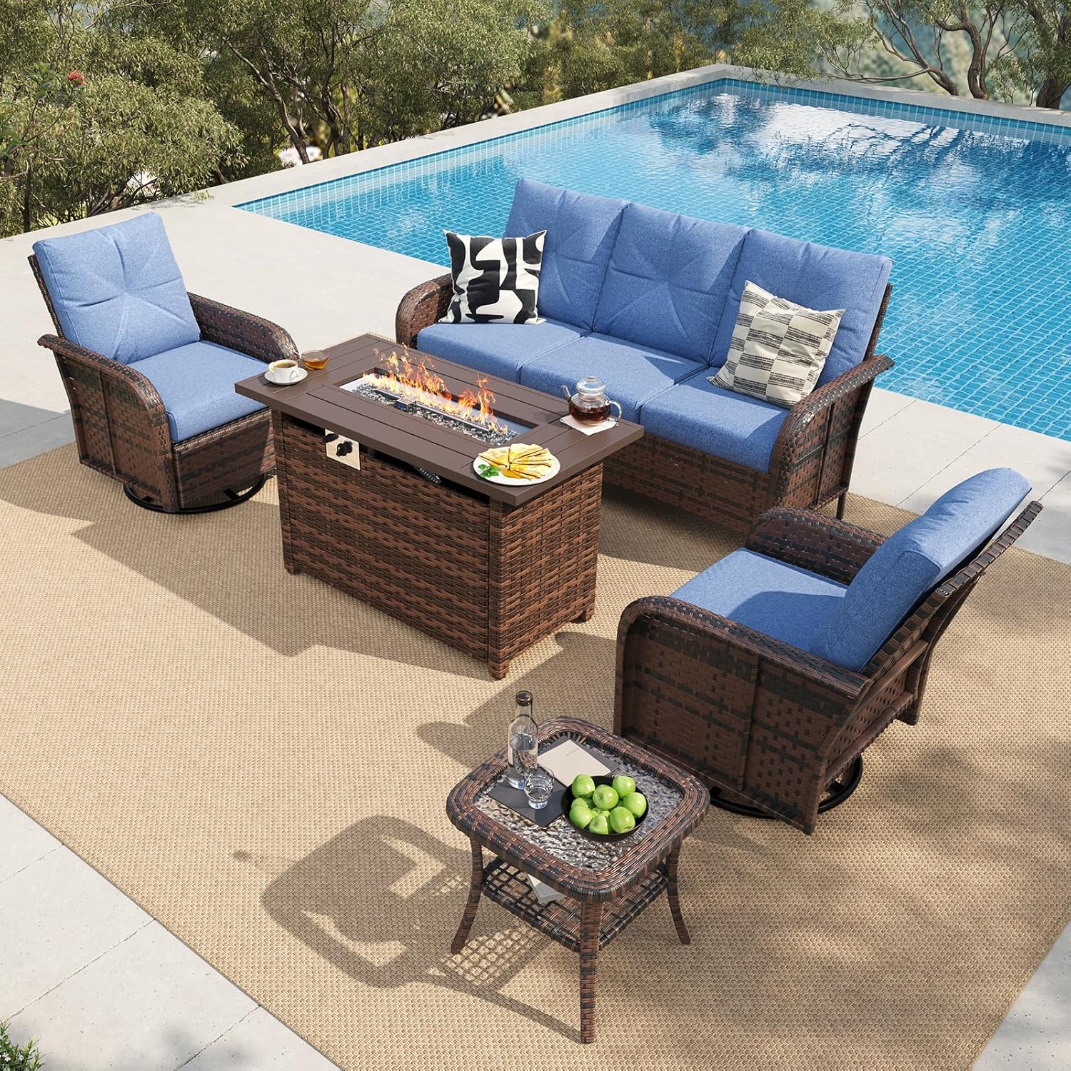 Outdoor Furniture With Fire Pit Table - 7 Piece Outdoor Patio Furniture Set