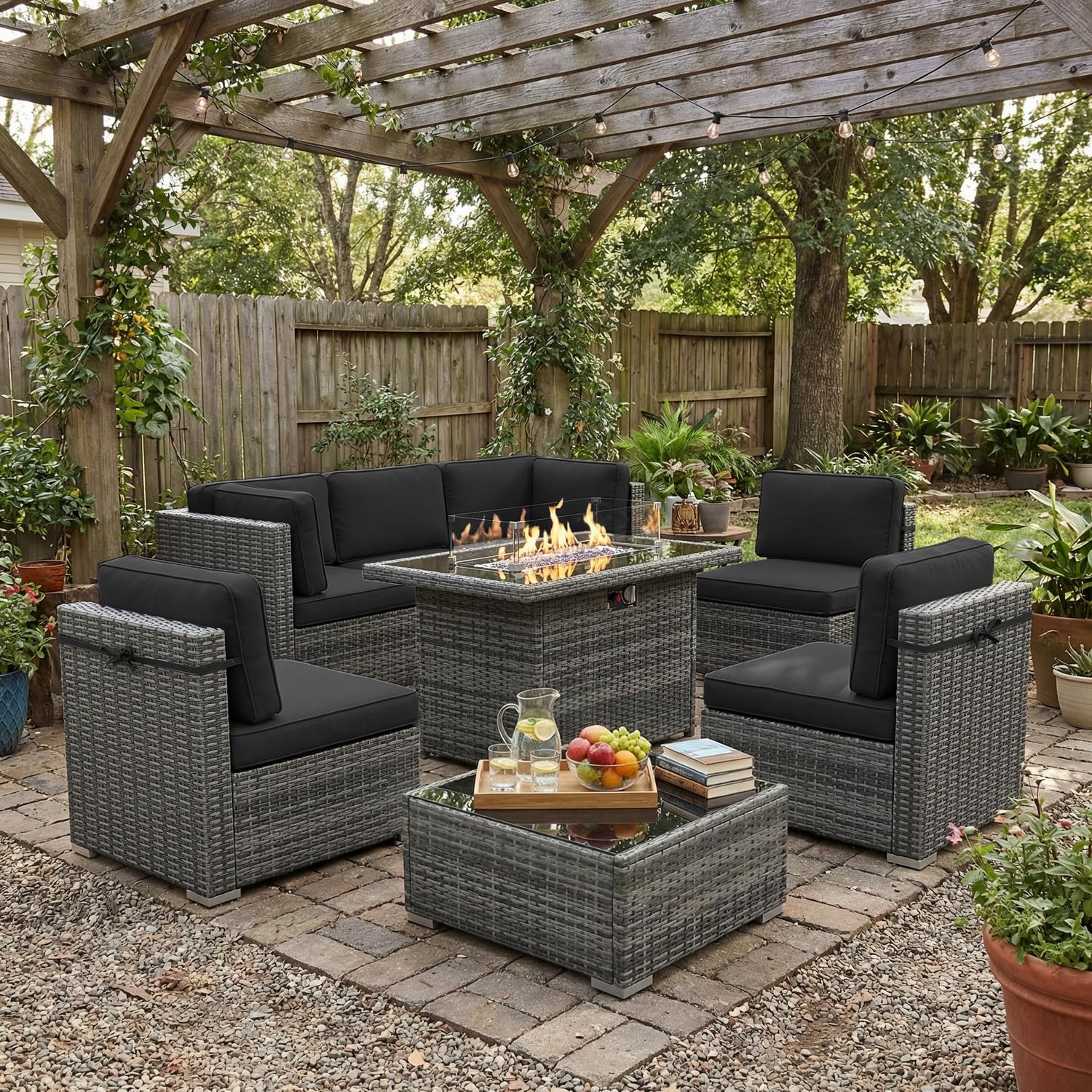 Outdoor Furniture With Fire Pit Table - 8 Piece Patio Furniture Set with