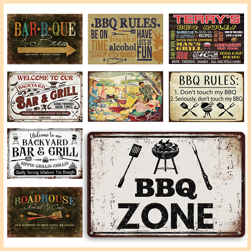 Outdoor Furniture Zone - Vintage BBQ Metal Tin Signs, Warning