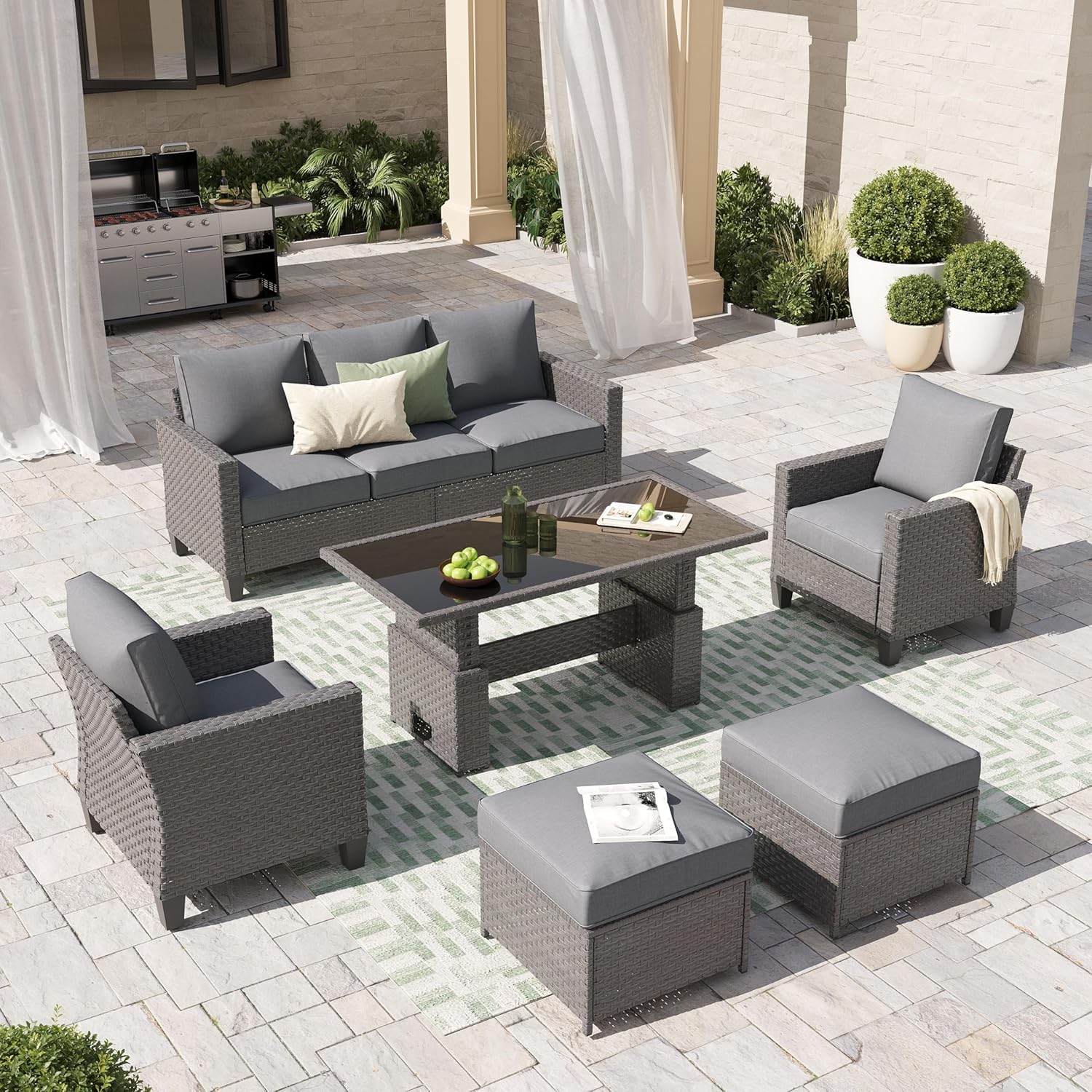Outdoor Furniture Dining Set - 6pcs Grey PE Rattan Outdoor Sectional