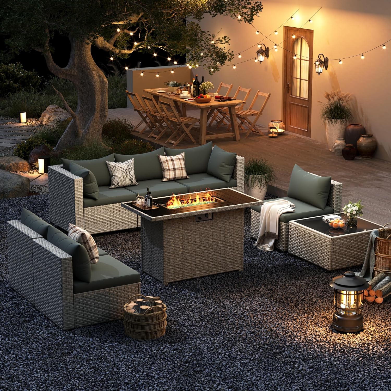 Outdoor Furniture With Fire Pit Table - 8-Seat Outdoor Sectional Sofa Set with