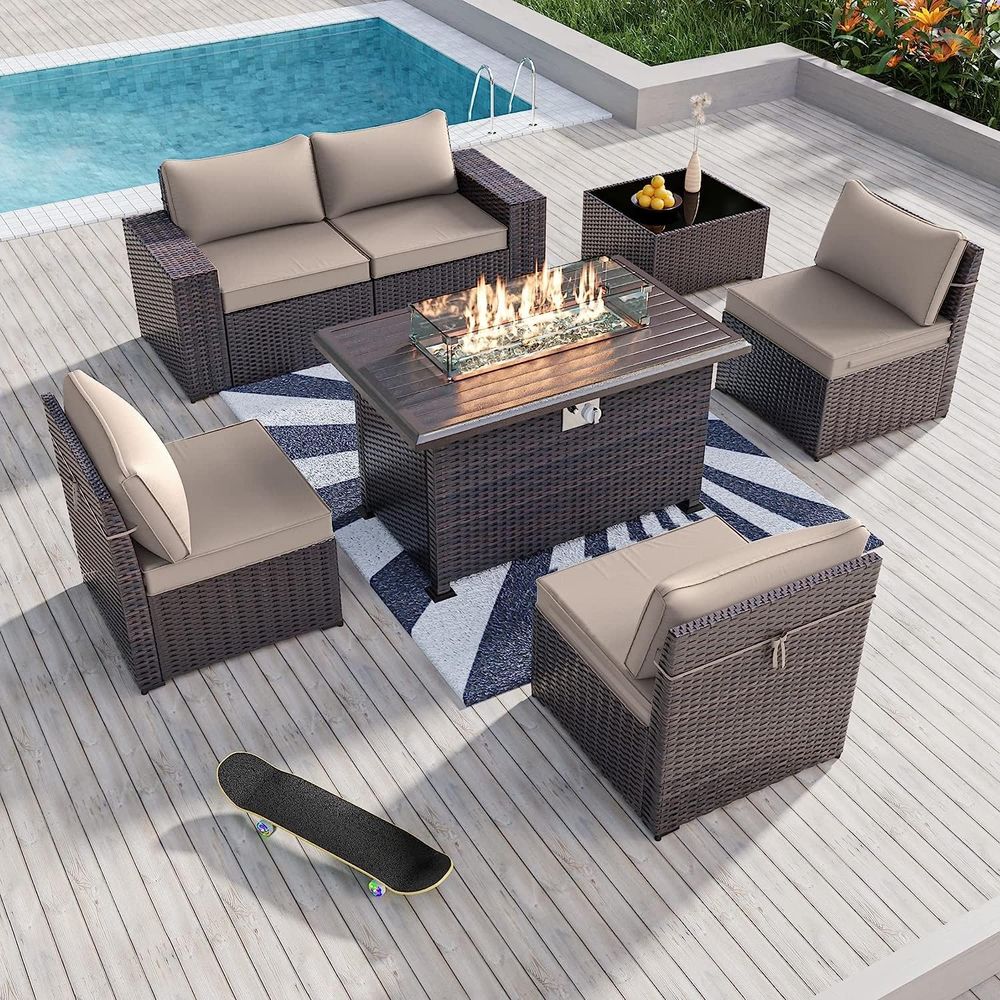 Outdoor Furniture With Fire Pit Table - 7-Piece Outdoor Patio Furniture Set with