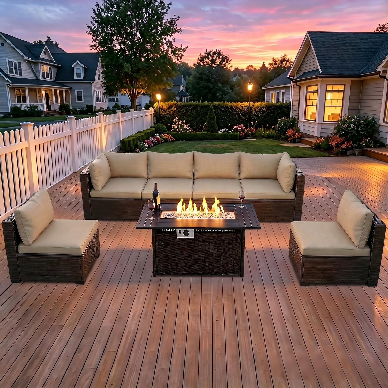 Outdoor Furniture With Fire Pit Table - 8-Piece Wicker Patio Conversation Set with