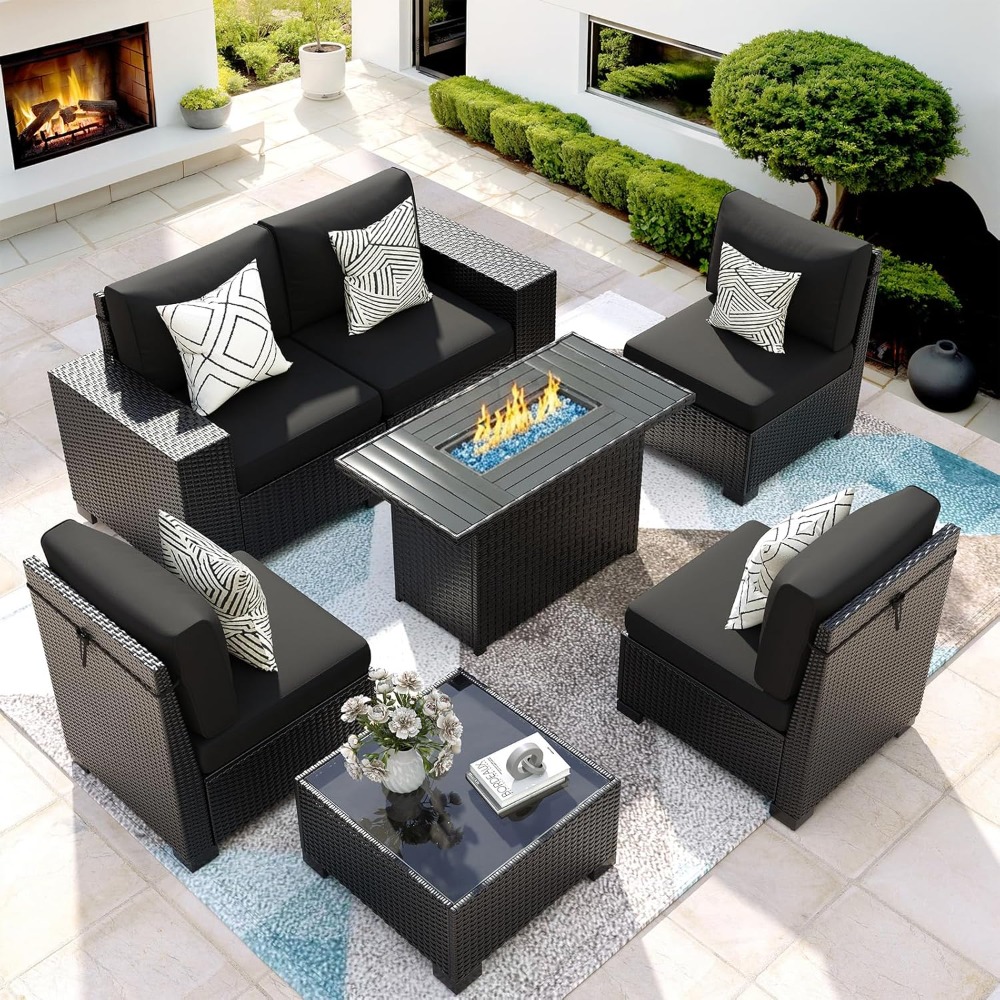 Outdoor Furniture With Fire Pit Table - 7 Piece Outdoor Sectional Sofa with