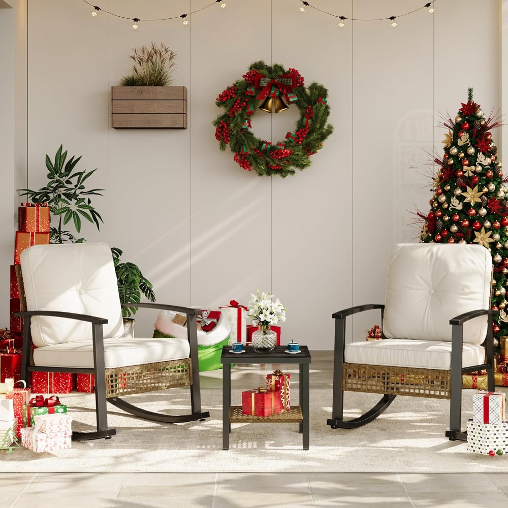 Outdoor Furniture No Cushions - 3-Piece Rattan Rocking Bistro Set: 2