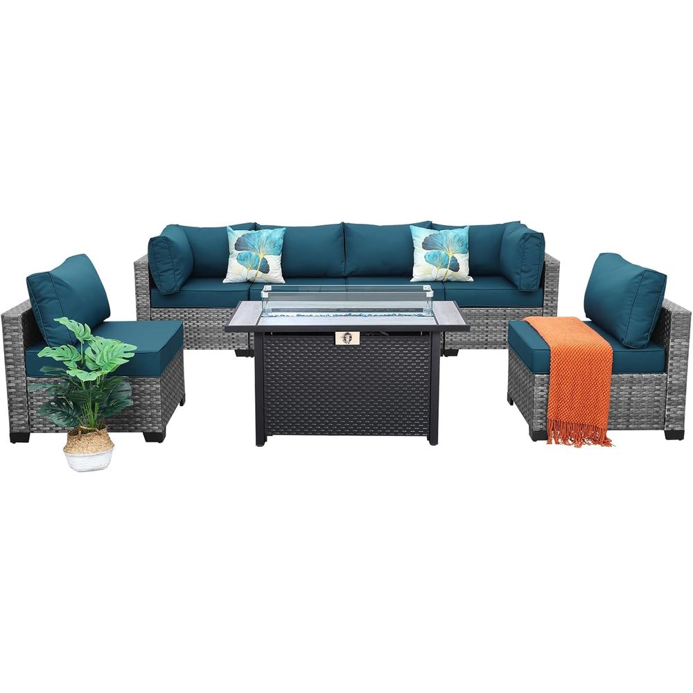 Outdoor Furniture With Fire Pit Table - 7-Piece Outdoor Wicker Patio Furniture Set