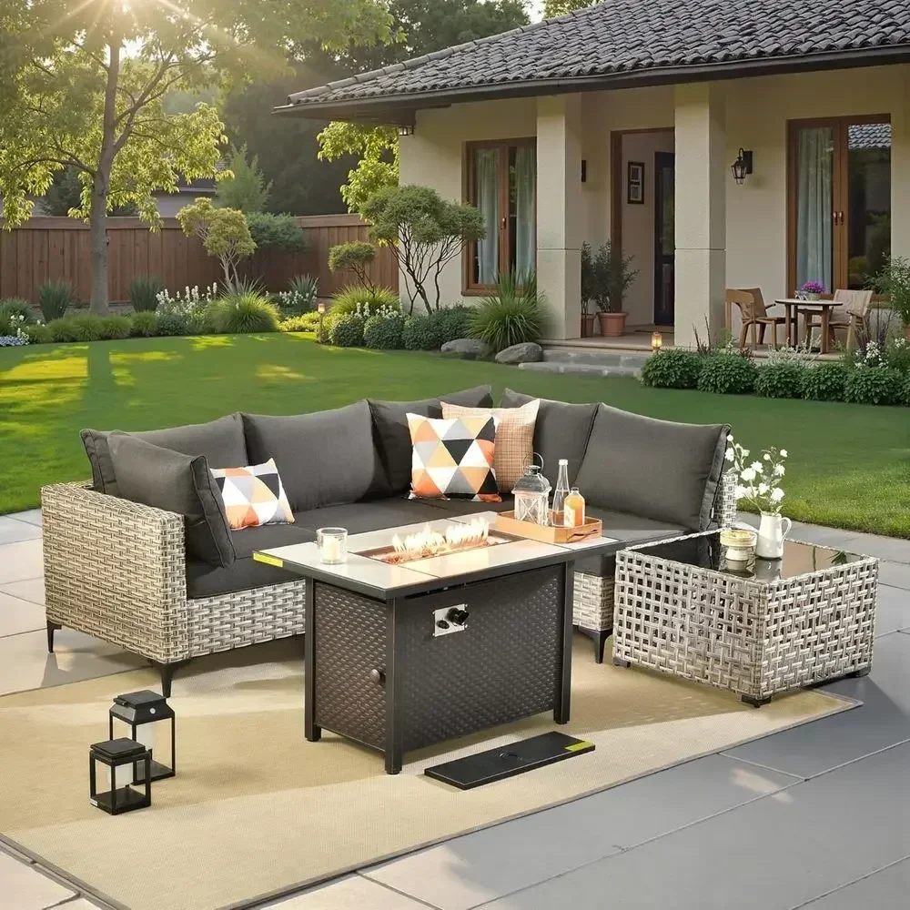 Outdoor Furniture With Fire Pit Table - 6-Piece Outdoor Wicker Patio Furniture Set