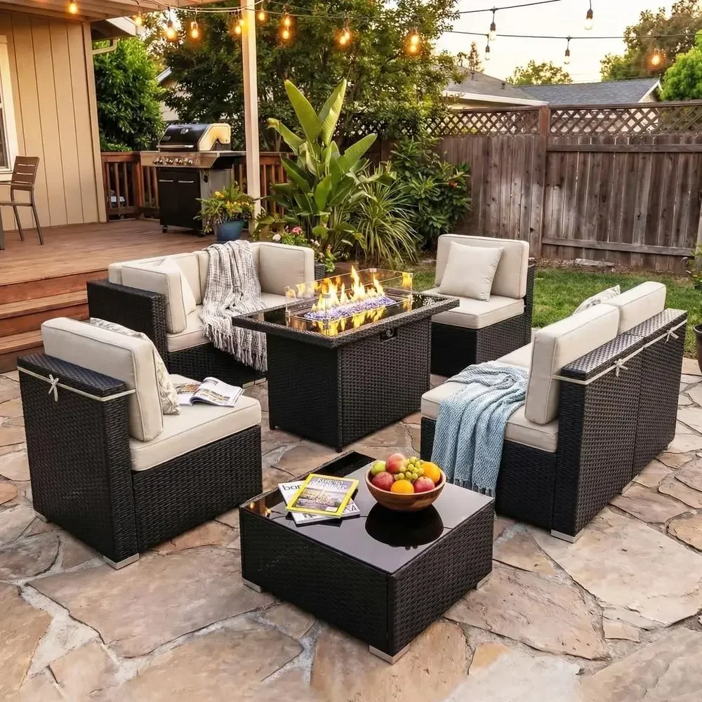 Outdoor Furniture With Fire Pit Table - 8-Piece Outdoor Patio Furniture Set with