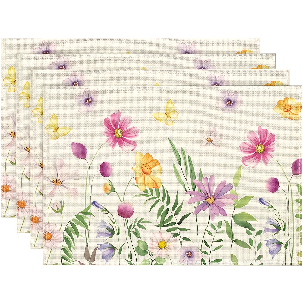 Outdoor Furniture Dining - 4Pcs, Watercolor Wildflower Butterfly Placemats, Washable,