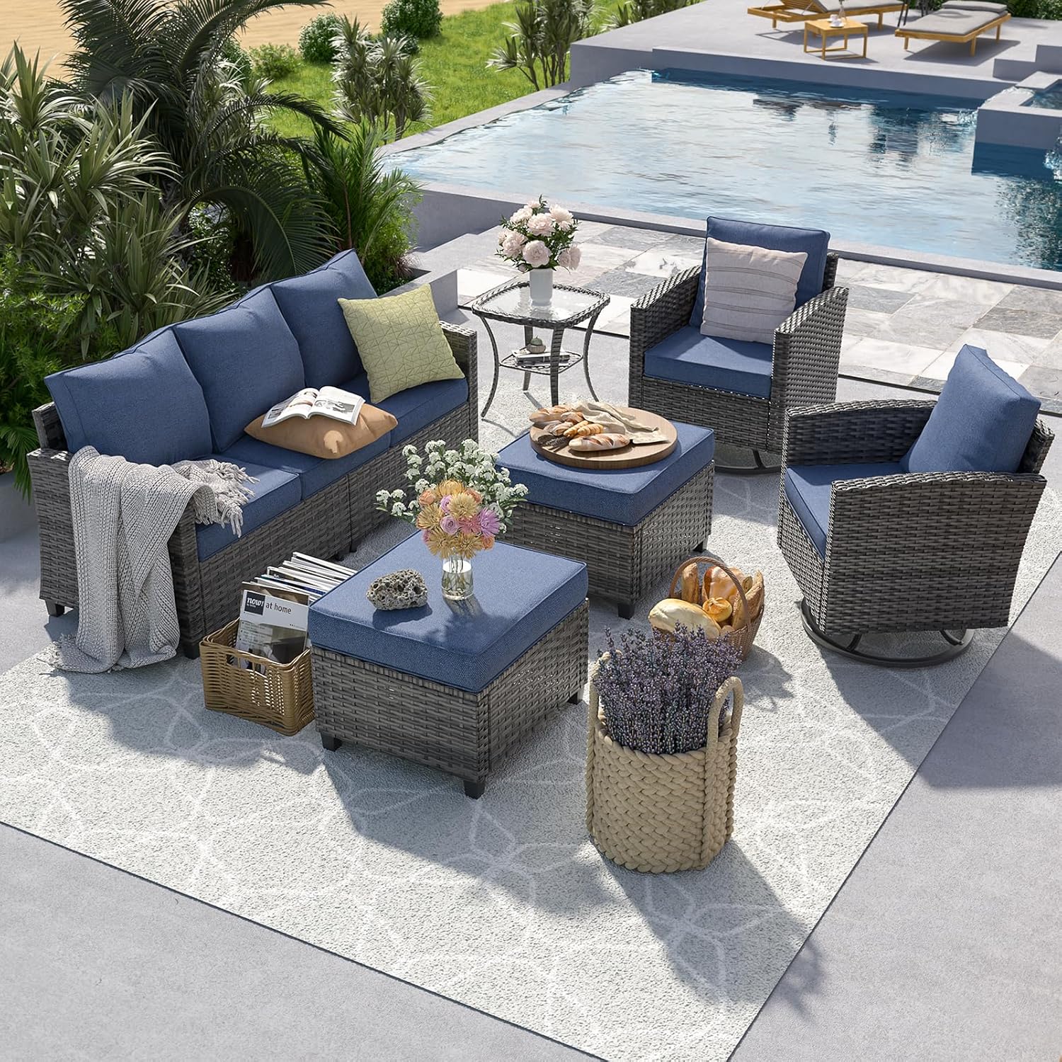 6pc Gray PE Rattan Sectional S - đánh giá và giá Outdoor Furniture With Fire Pit Table