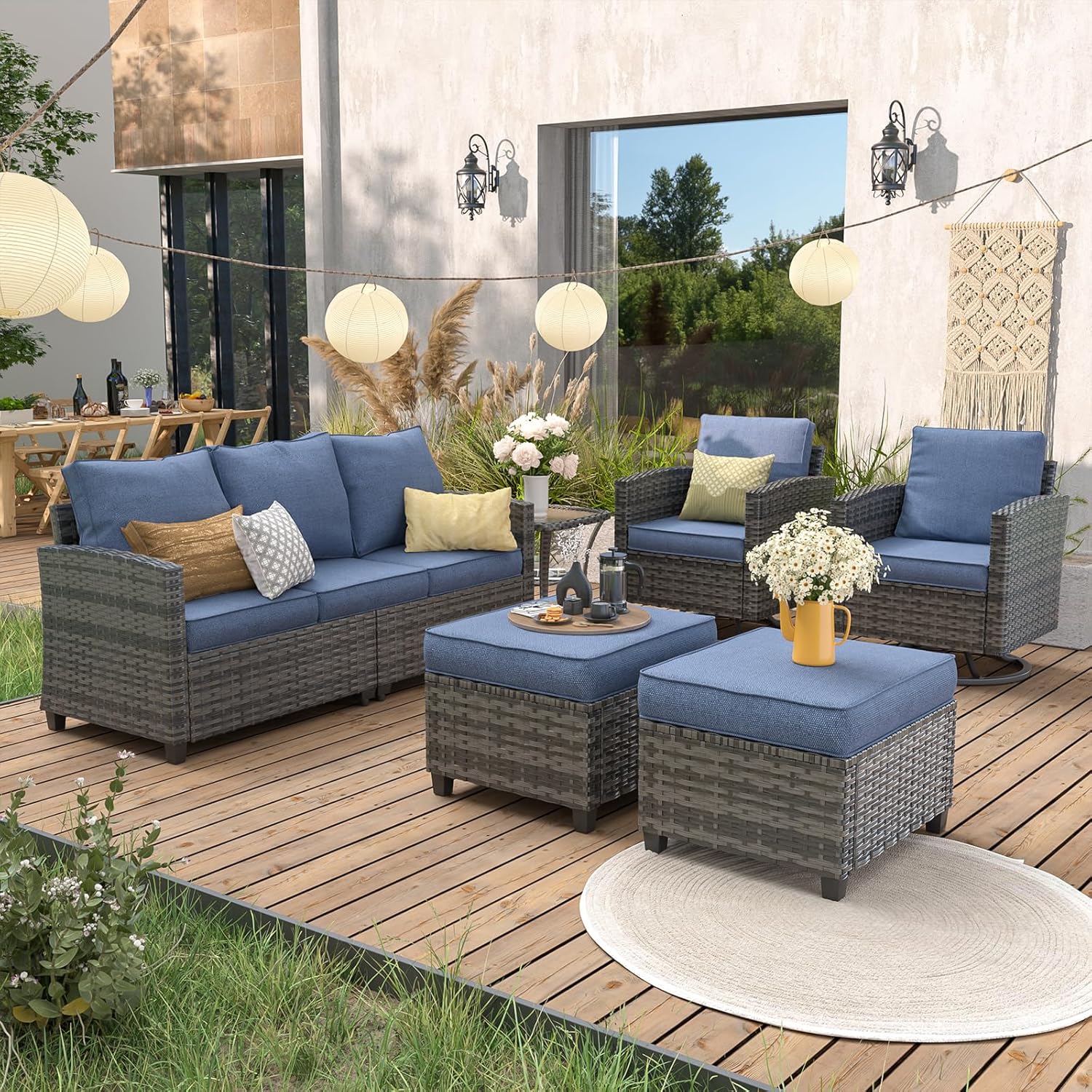 6pc Gray PE Rattan Sectional S - đánh giá và giá Outdoor Furniture With Fire Pit Table